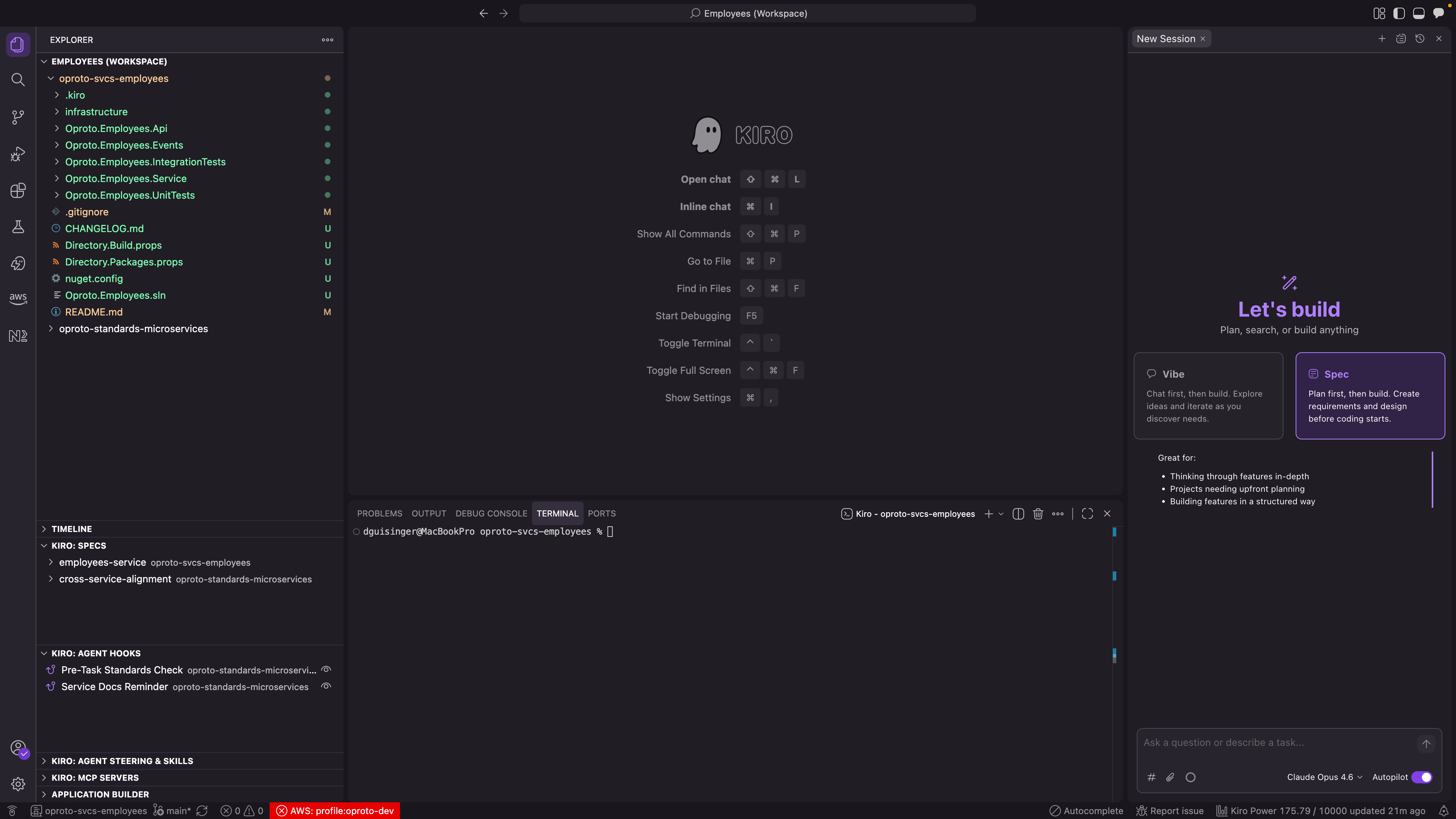 Screenshot: Kiro IDE overview showing the editor, chat panel, and spec sidebar