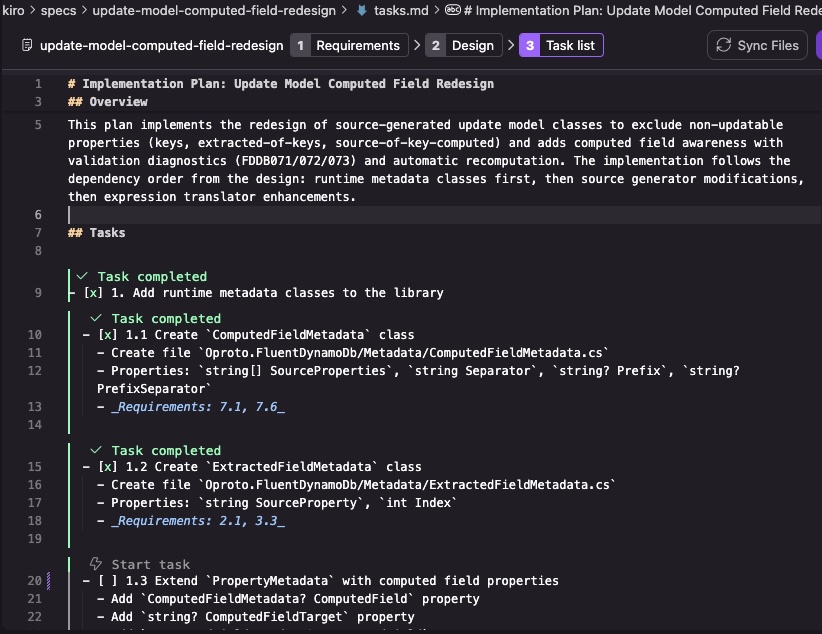 Screenshot: A tasks.md file showing completed checkmarks on early tasks and the current task in progress
