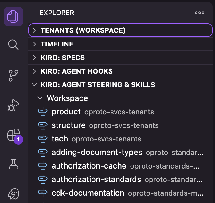Screenshot: The Kiro Agent Steering & Skills pane showing steering files with their inclusion modes